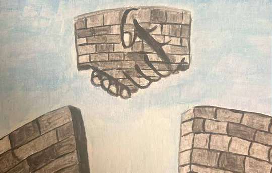 Illustration of a stone bridge with the middle sections floating in the air and shaking hands.
