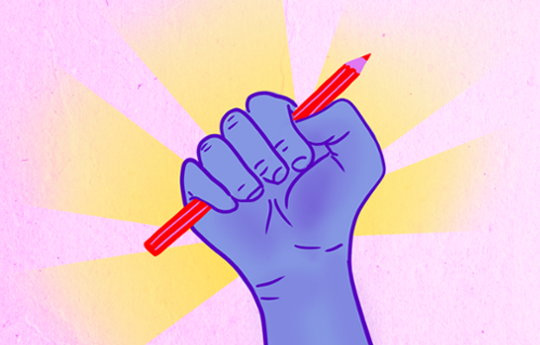 Drawing of a blue fist against a pink background holding up a red pencil.